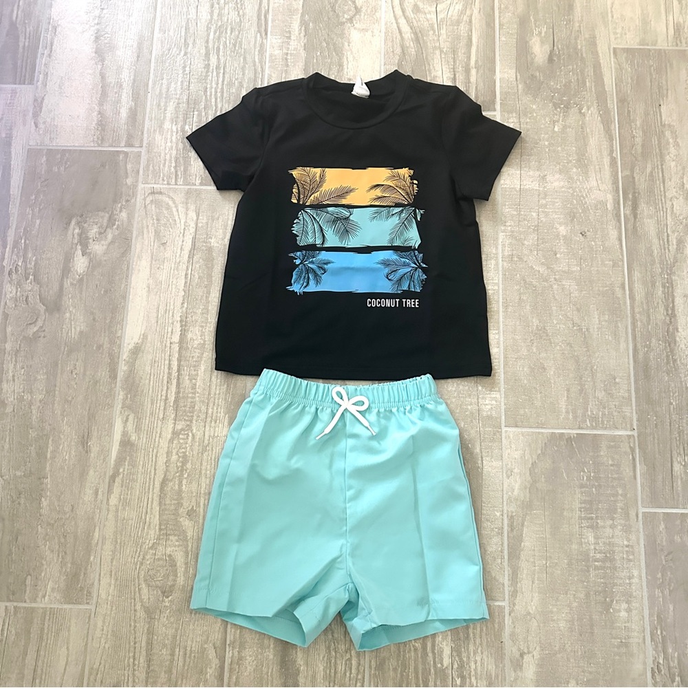 3/$22🩶 SHEIN Boys Tee And Shorts Set Coconut Tree Shirt Blue Shorts Size 4Y NEW